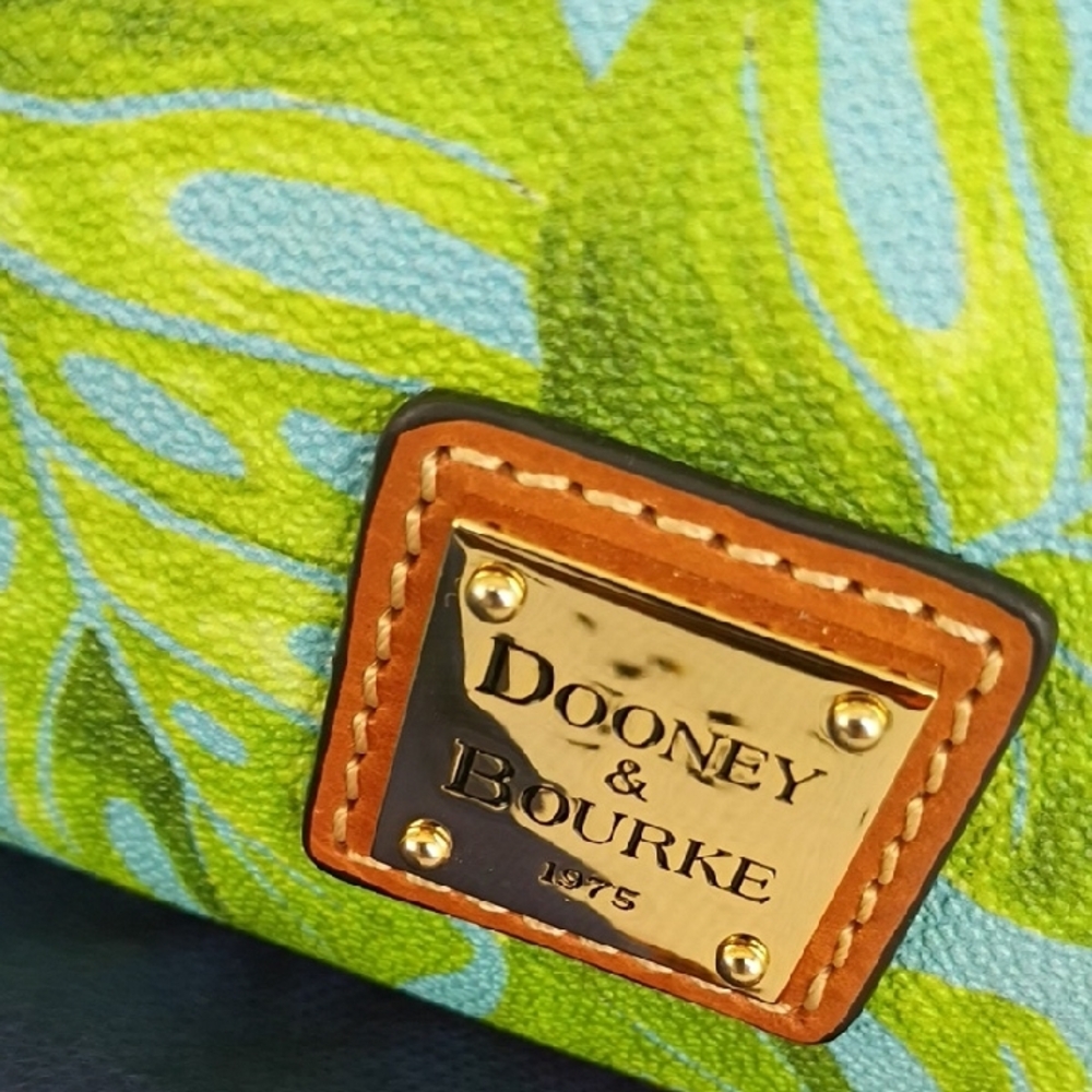 Dooney & Bourke Green and Aqua Tropical Leaf Satchel with Tan Trim - Picture 2 of 4